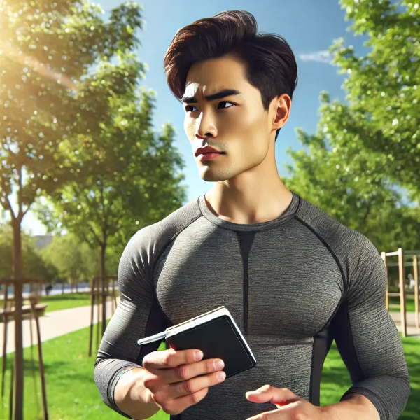 다이어트 실패를 교훈 삼아 야외에서 다짐하는 동양인 남성