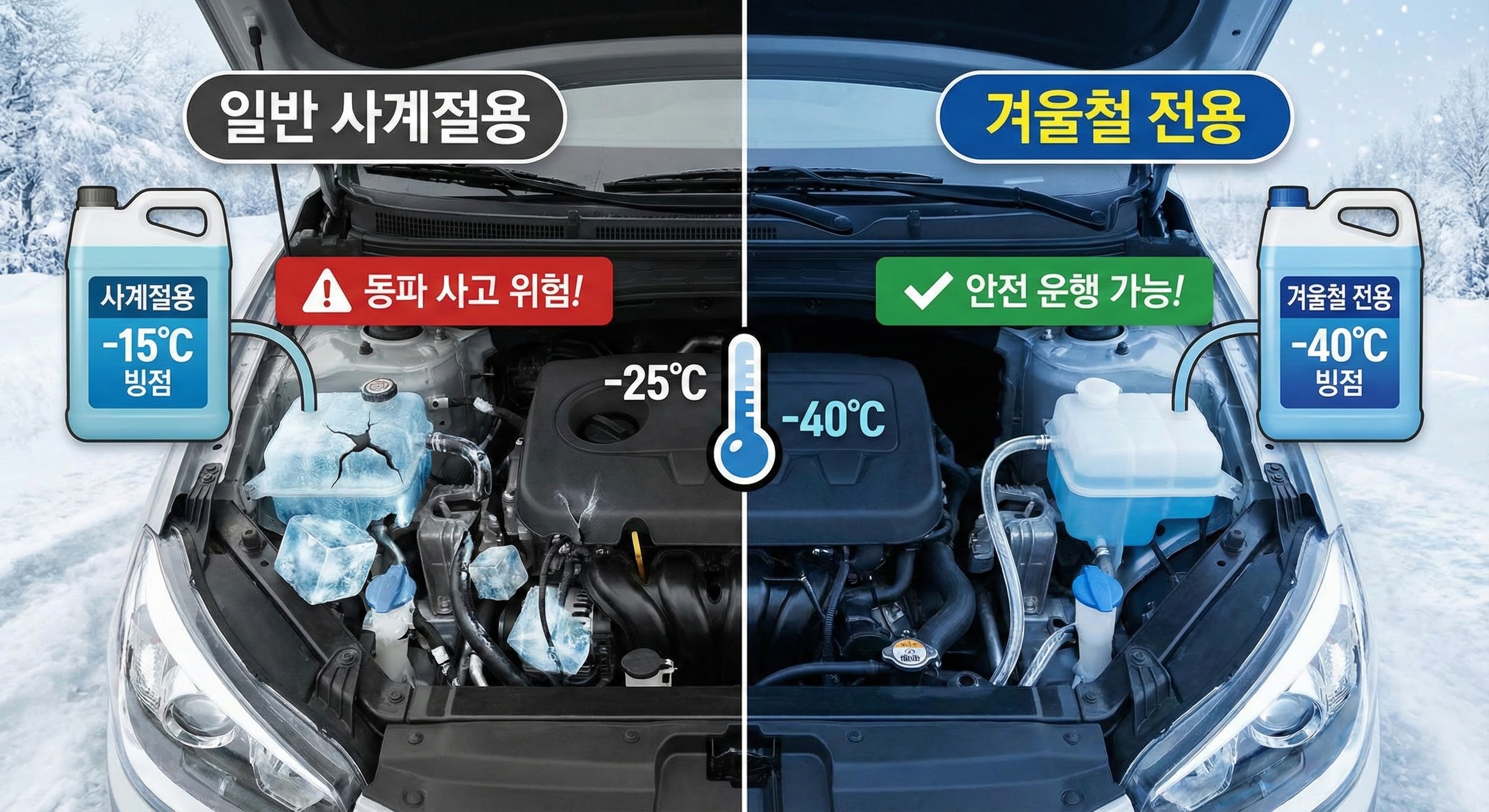 겨울철 필수 체크! 일반 워셔액 vs 겨울용 워셔액 (빙점의 비밀)