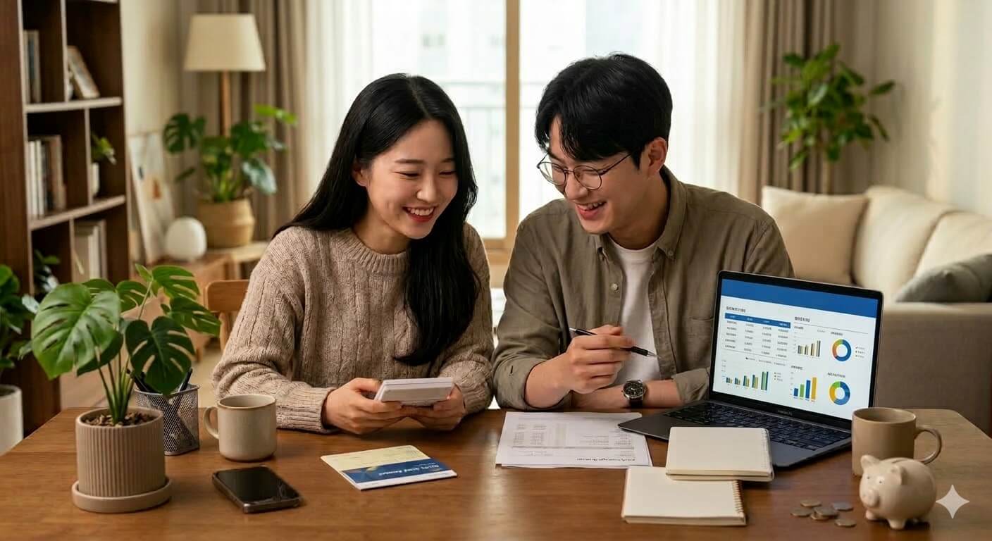 노트북과 계산기를 활용해 청년 미래적금 계획을 세우며 웃고 있는 젊은 남녀의 모습