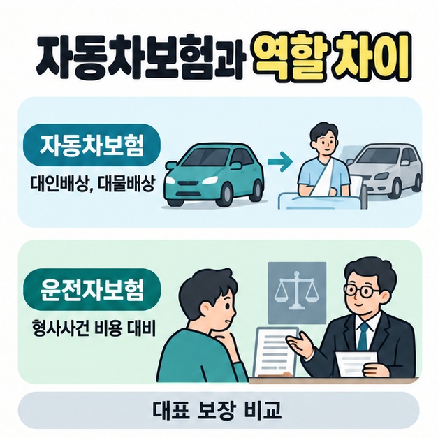 자동차보험의 대인배상과 대물배상을 보여 주는 차량과 치료 장면을 운전자보험의 형사사건 비용 상담 장면과 비교한 모습