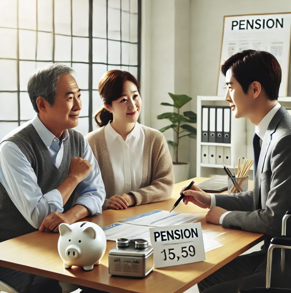 연금상담을 받고있는 중년부부와 전문적인 상담사의 모습