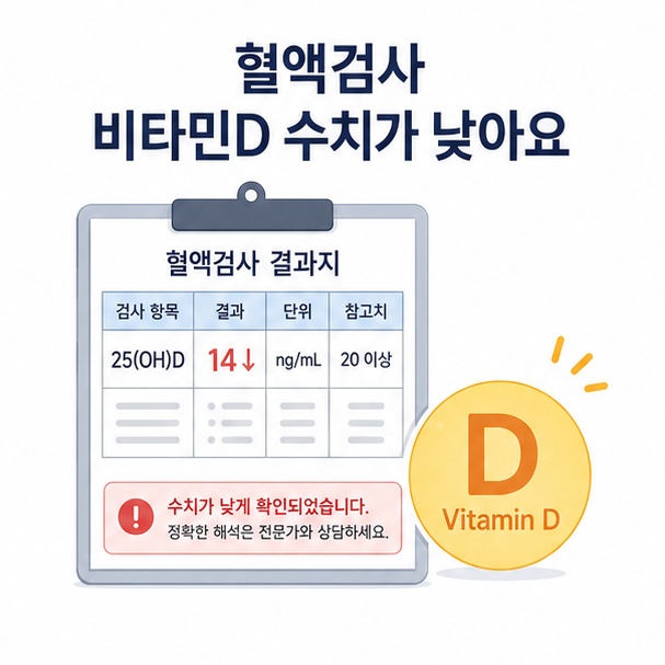 혈액검사 결과지와 비타민D 아이콘으로 표현한 낮은 비타민D 수치 안내 이미지