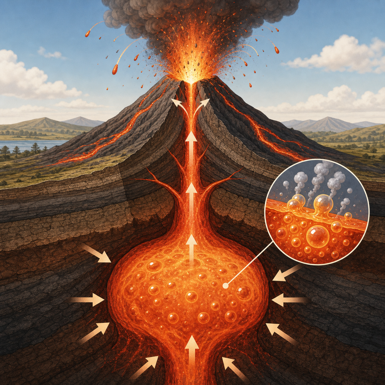 A volcano erupting with lava and ash in an educational illustration