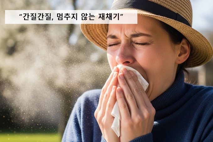 손수건으로 입을 가리고 재채기하는 모습