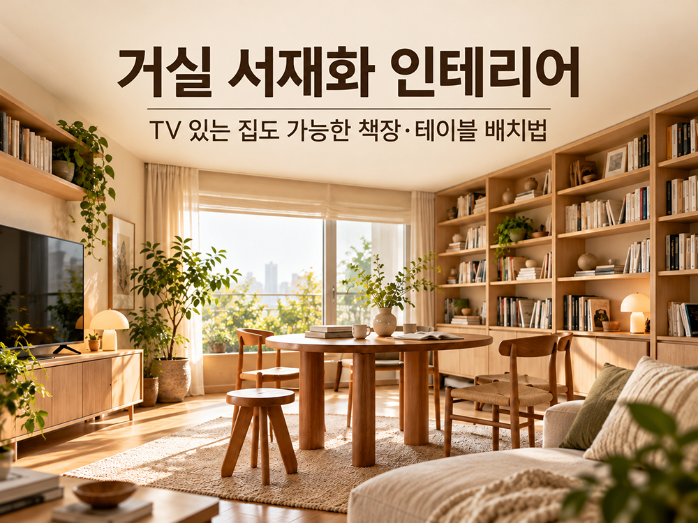 따뜻한 자연광이 들어오는 거실에 원목 책장과 원형 테이블, TV와 소파를 함께 배치한 거실 서재화 인테리어