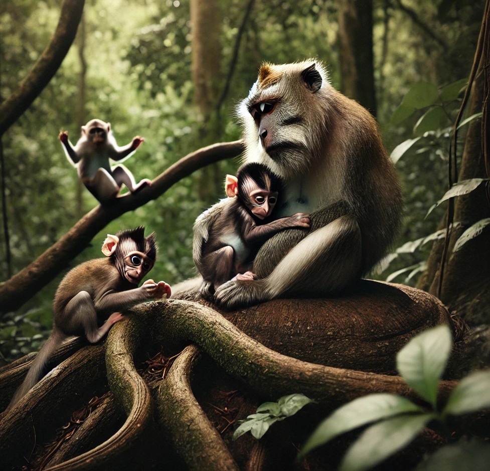 건강한 새끼를 안고 있는 엄마원숭이와 연약한 원숭이 새끼