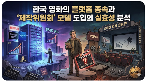 한국 영화 산업의 플랫폼 종속 문제와 제작위원회 모델의 실효성을 분석한 블로그 썸네일입니다. 왼쪽은 거대 OTT 서버와 데이터 스트림이 지배하는 차가운 플랫폼 종속의 현실을 보여주며, 오른쪽은 균열이 가고 무너져가는 중예산 영화 상영관을 통해 위기에 처한 국내 영화 생태계를 나타냅니다. 중앙에는 실종된 중예산 영화라고 적힌 슬레이트를 든 제작자가 서 있어, 새로운 자본 조달 모델인 제작위원회의 필요성과 고민을 시각적으로 강조합니다.