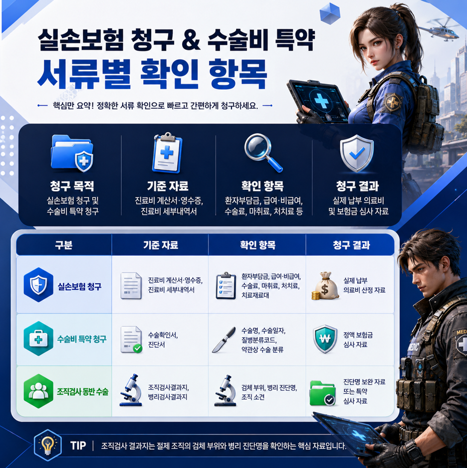 실손보험 청구와 수술비 특약 청구의 서류별 확인 항목을 정리한 1:1 인포그래픽