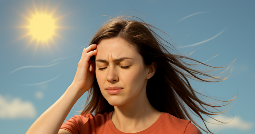 봄철 자외선과 바람으로 인해 두피 자극을 느끼는 여성이 햇빛 아래서 머리를 짚는 모습으로, 계절성 탈모의 원인을 표현한 이미지
