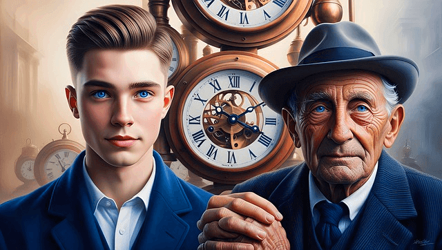 젊은 백인 남자와 늙은 백인 할아버지가 나란히 서서 정면을 바라본다. 뒤에는 갈색의 벽시계가 있다.