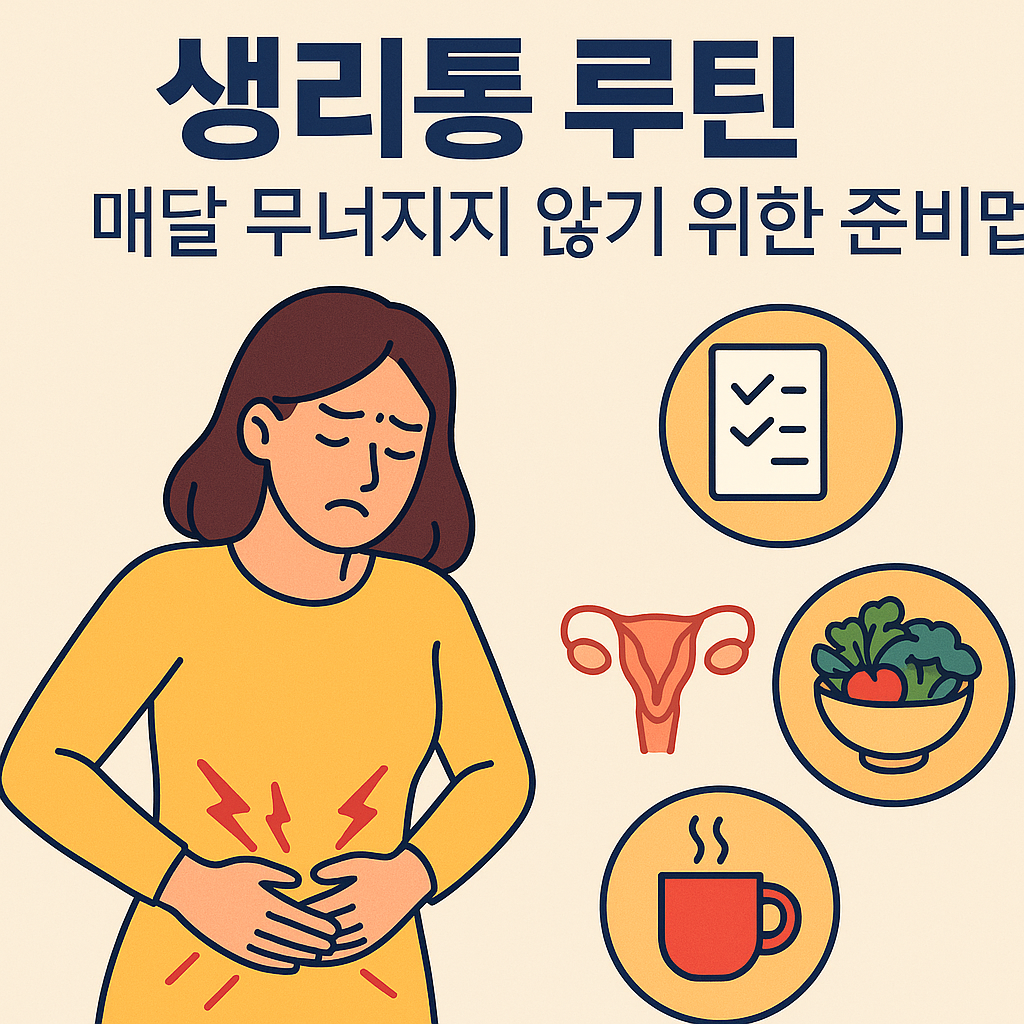 생리통으로 복부를 부여잡고 있는 여성과 함께 루틴 아이콘들(체크리스트, 자궁, 건강식, 따뜻한 차 등)이 표현된 일러스트 이미지