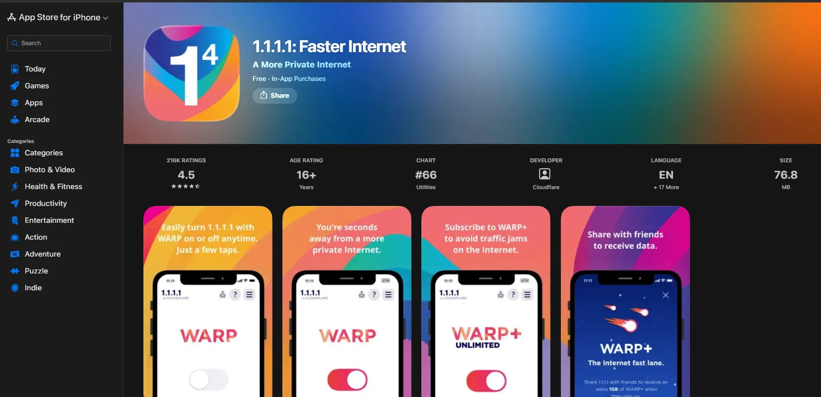 무료 보안 네트워크 설정 Cloudflare WARP IOS 다운로드