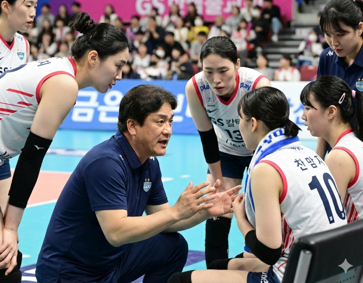 차상현 감독이 벤치에서 선수들과 눈높이를 맞춰 대화하는 장면