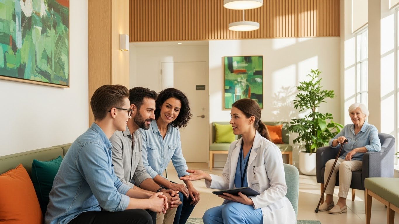 의사와 상담하며 개인에게 맞는 건강검진 계획을 세우는 다양한 연령대의 사람들