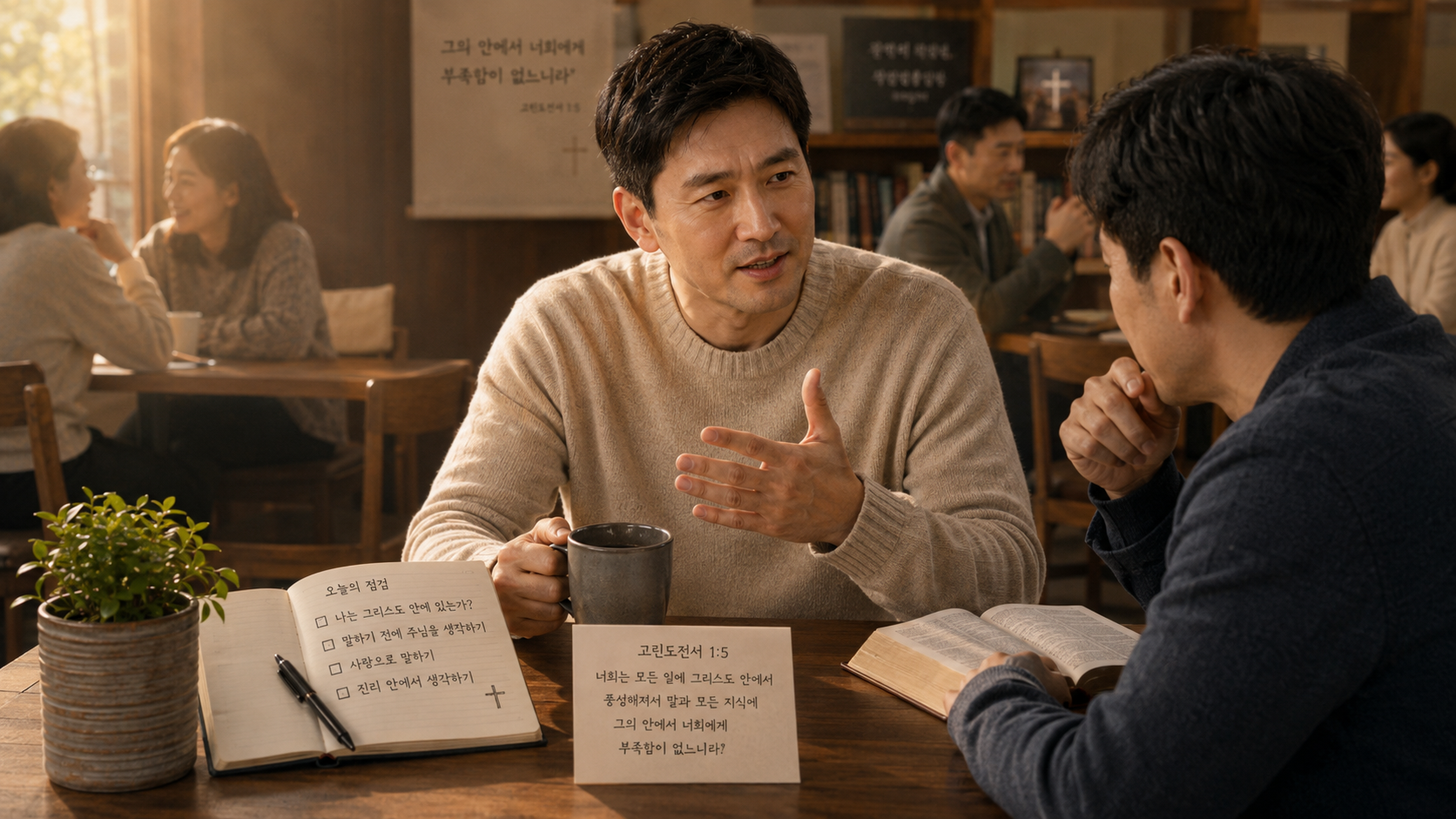 고전 1:5 말씀에서 내가 말하는 것이나 지식에 있어서 그리고 모든 면에서 풍서해질 수 있는 것이 그리스도 안에 있음으로 가능하다는 것을 묵상하며 늘 그리스도 안에 있으면서 말하고 아는 것을 생각하며 살아가는 삶이 되도록 삶에서 그리스도 안에 있는지를 점검하는 시도를 하는 모습입니다.