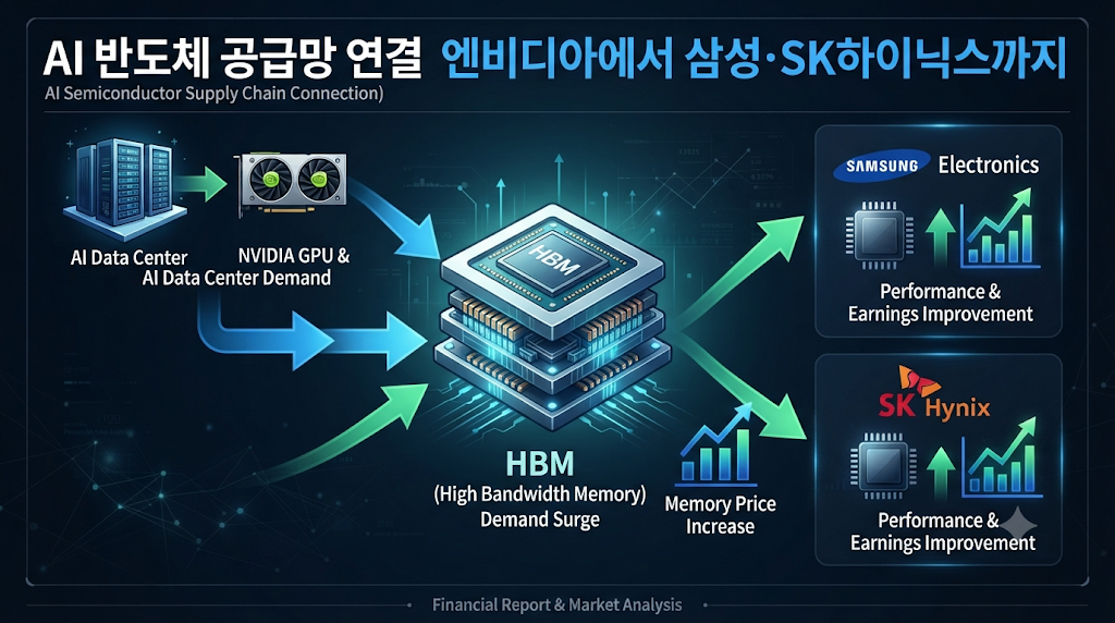 엔비디아 실적이 삼성전자와 SK하이닉스 HBM 수요 및 메모리 가격에 영향을 주는 연결 구조 인포그래픽