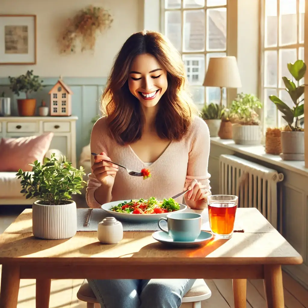 여성 혼자 밝은 분위기의 집에서 예쁜 그릇에 담긴 샐러드를 먹는 모습