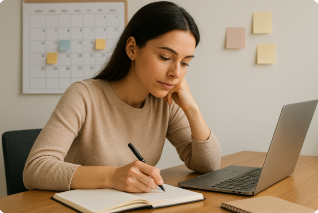 직장인 여성이 책상 앞에서 일정과 수익 전략을 메모하는 모습
