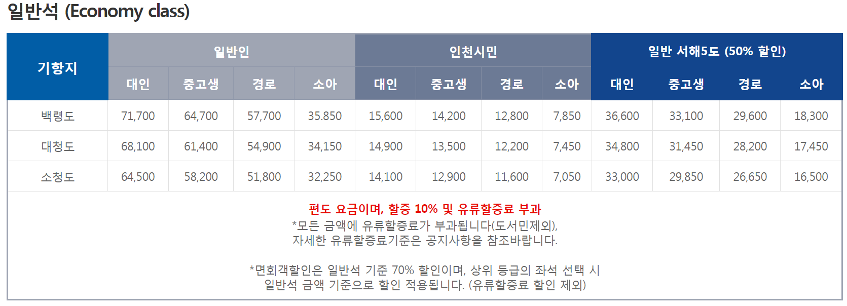 코리아프라이드호 일반석 요금
