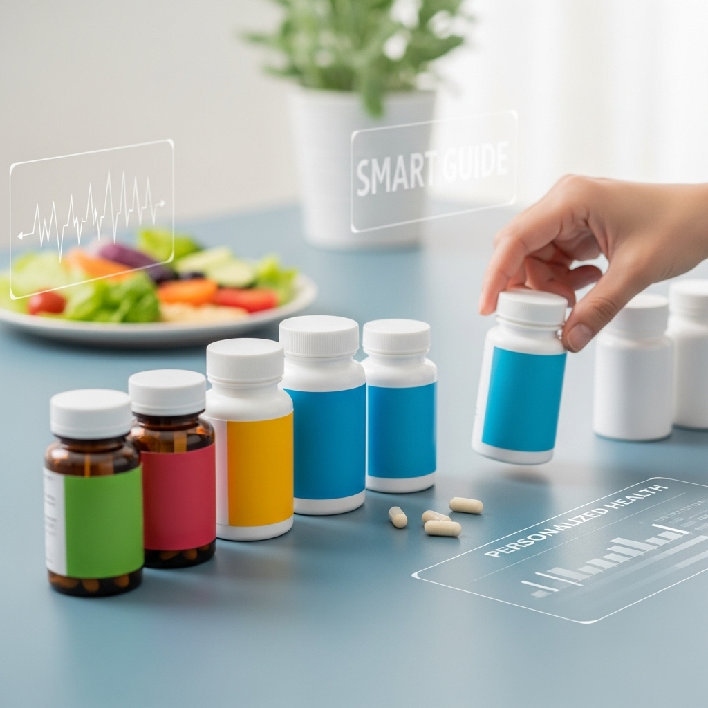 내 몸에 맞는 영양제를 선택하는 스마트 가이드, 비타민과 오메가3 등 다양한 영양제가 정돈된 모습과 선택하는 손.