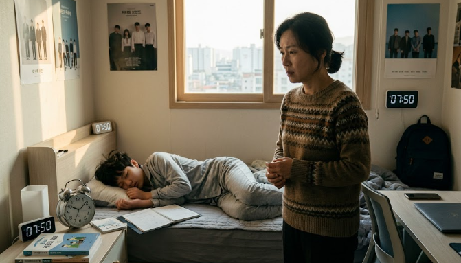 걱정스러운 표정의 어머니가 아침 7시 50분에 깊이 잠든 아들을 바라보고 있는 모습