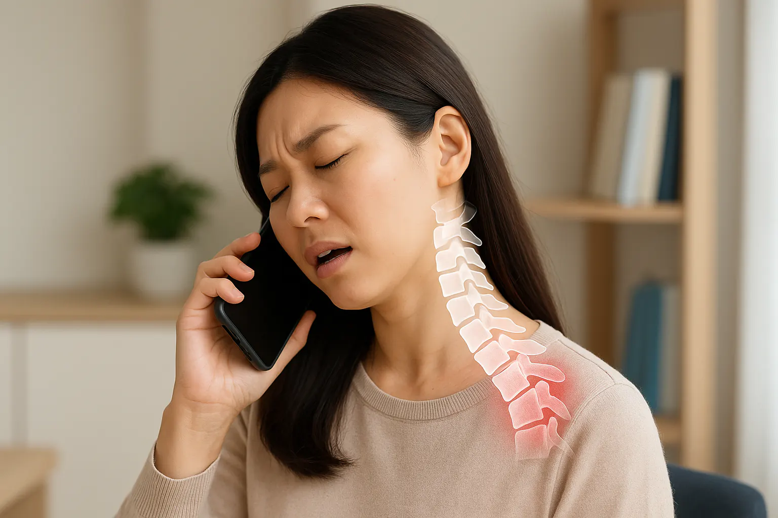 전화기를 어깨와 귀 사이에 끼운 채 통화하는 한국인 여성, 경추가 한쪽으로 기울어진 해부학 오버레이