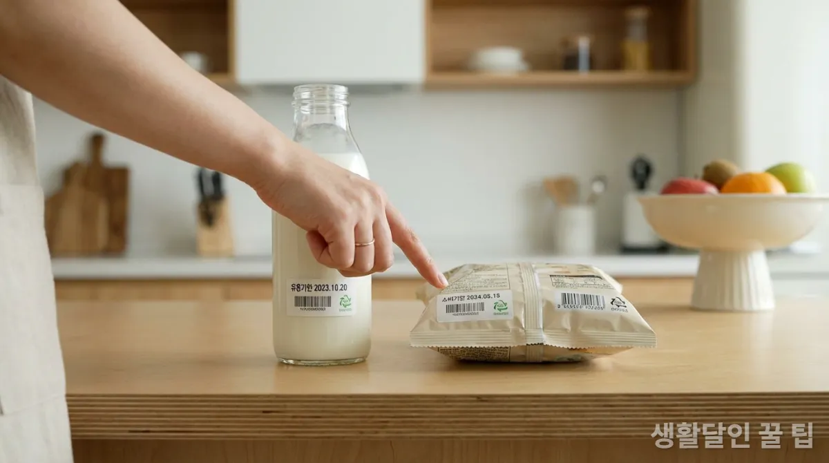 유통기한과 소비기한이 표시된 두 가지 식품 라벨을 비교하는 모습