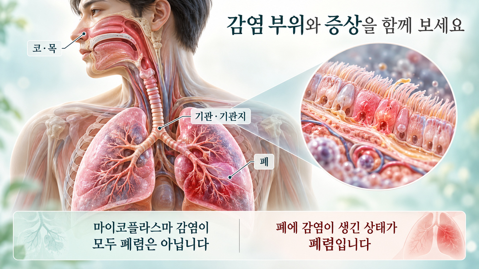 코&middot;목&middot;기관지&middot;폐의 위치와 마이코플라스마 감염이 기도와 폐에 영향을 줄 수 있음을 설명하는 입체 해부 인포그래픽