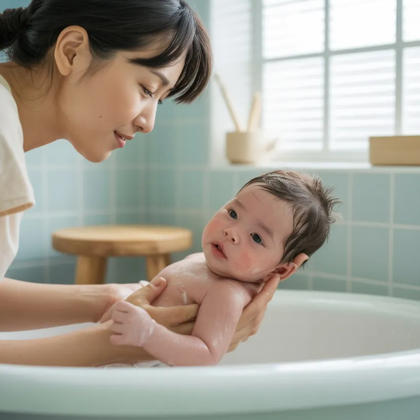 신생아 아토피가 있는 아기를 미지근한 물로 목욕시키는 이미지
