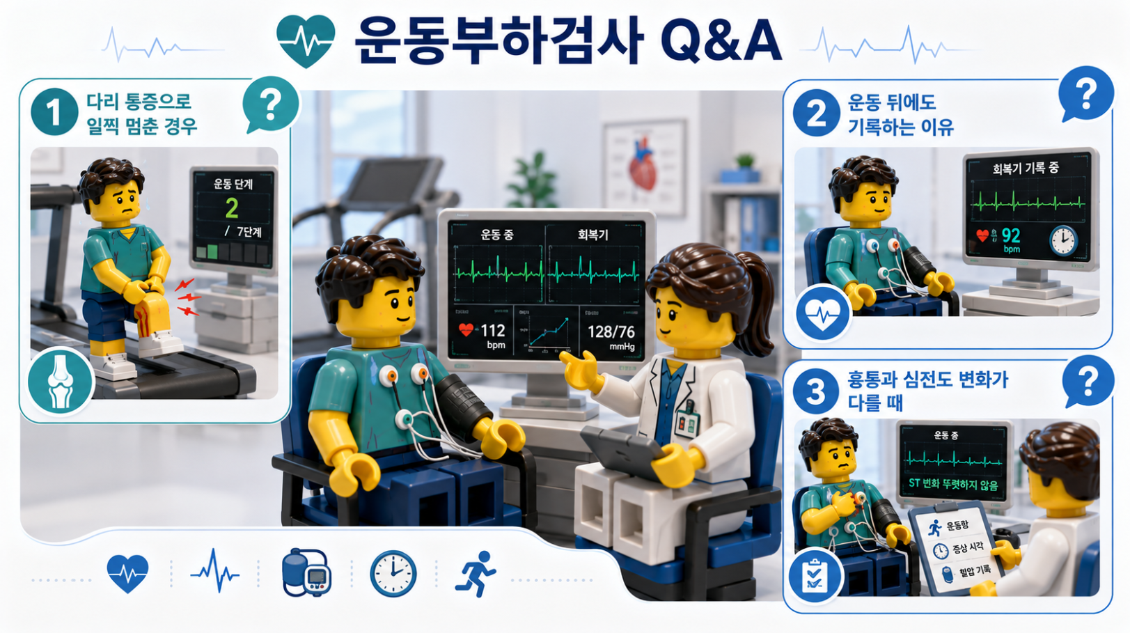 운동부하검사 Q&A로 다리 통증, 회복기 기록, 흉통과 심전도 변화의 관계를 설명한 의료 상담 일러스트