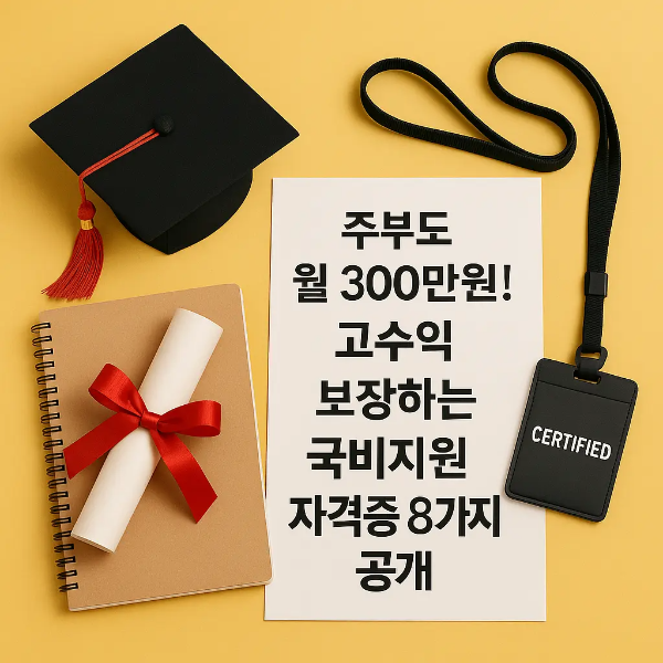 졸업모자, 수료증, 노트, 명찰 등이 함께 배치된 고수익 자격증 관련 구성의 스튜디오컷 이미지