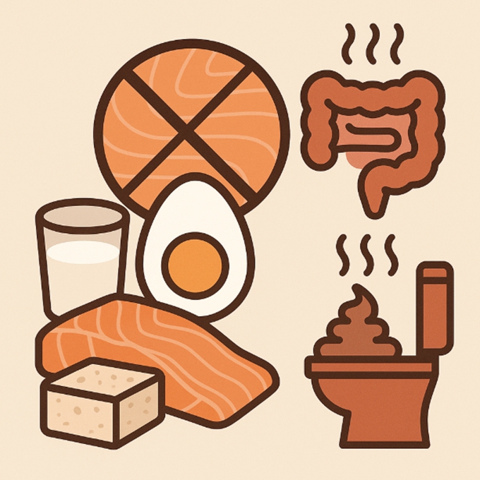 단백질 섭취와 설사&middot;변비의 원인과 해결책을 시각적으로 표현한 일러스트