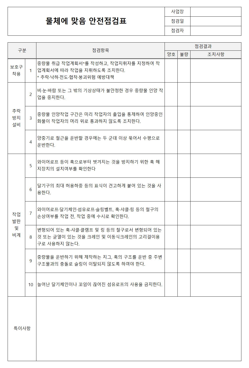 물체에 맞음 안전점검표