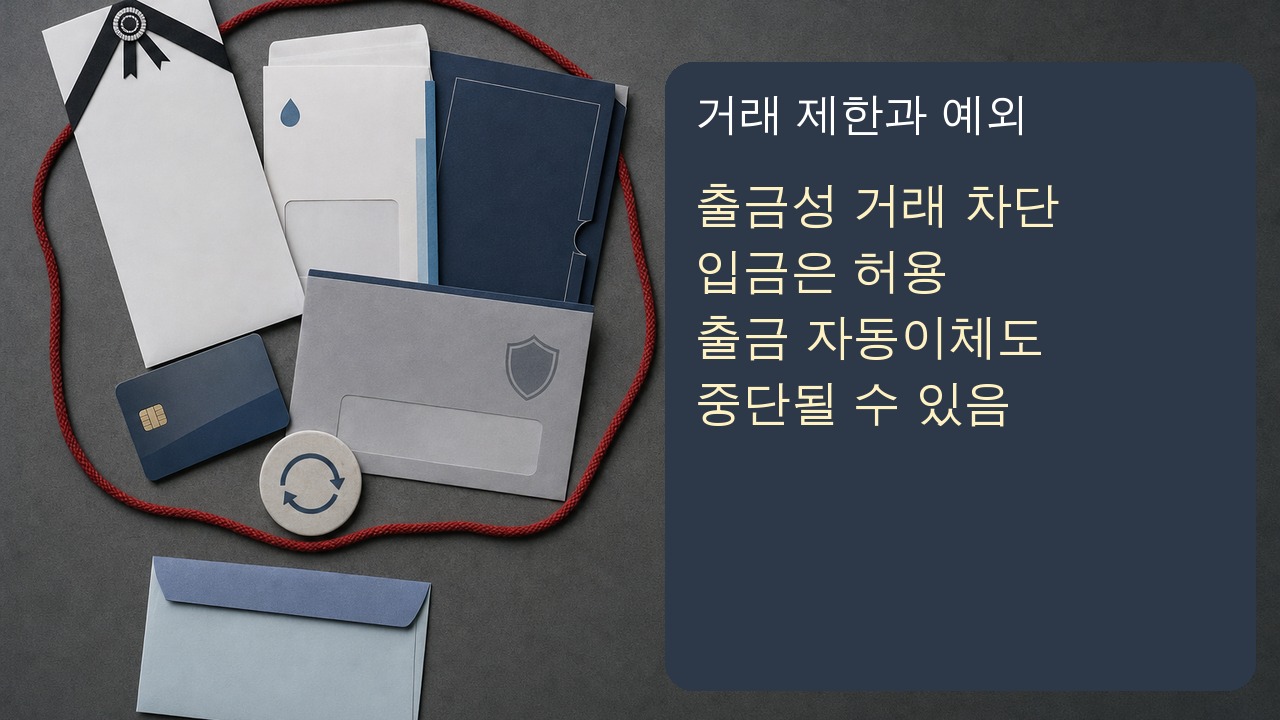 사망신고 다음 날 고인 계좌의 출금 이체 자동이체 카드 증권 거래와 허용 입금을 구분하는 장면