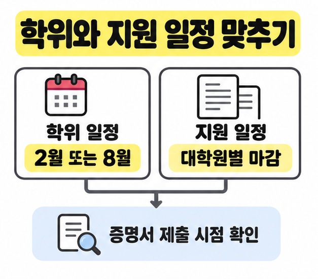 학위 일정의 2월 또는 8월과 지원 일정의 대학원별 마감을 나란히 비교하고 증명서 제출 시점 확인으로 연결한 그림