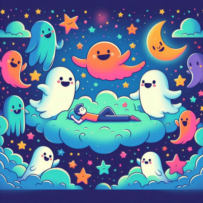 여러 유령들과 함께 하늘을 나는 소년.