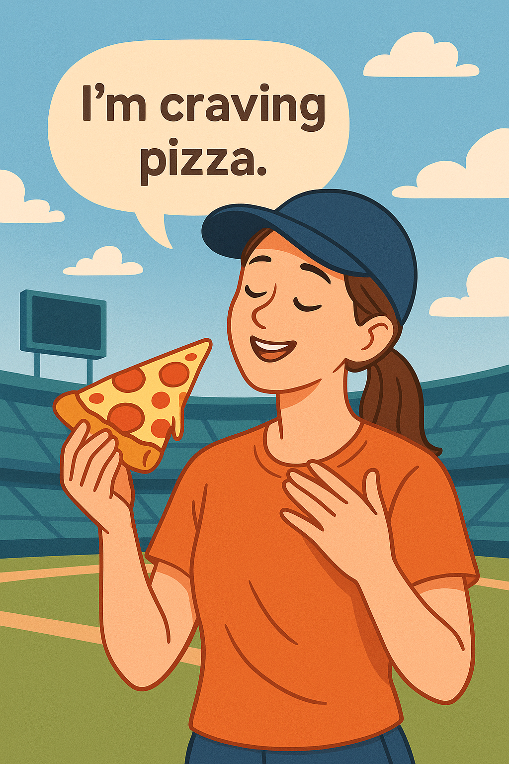 "야구 모자를 쓴 여성이 피자 조각을 들고 환하게 웃으며 'I'm craving pizza'라는 말풍선을 띄우고 있는 모습. 햇살 가득한 야구 경기장을 배경으로 음식에 대한 갈망을 즐겁고 유쾌하게 표현한 장면."