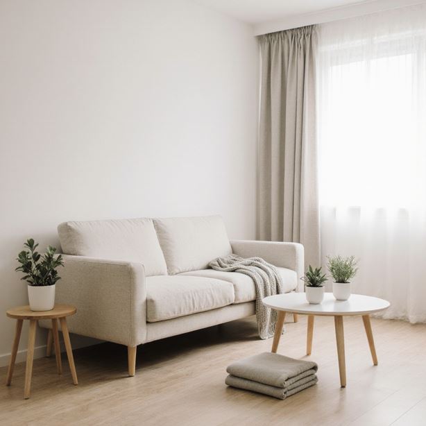 미니멀한 거실 공간의 모습으로 깔끔하게 정리된 거실에 베이지와 화이트 톤의 소파 한 개, 밝은 자연광이 들어오는 큰 창문, 작은 화분 2개, 심플한 커피 테이블, 접힌 담요 한 장이 잘 정리 되어 놓여있다.