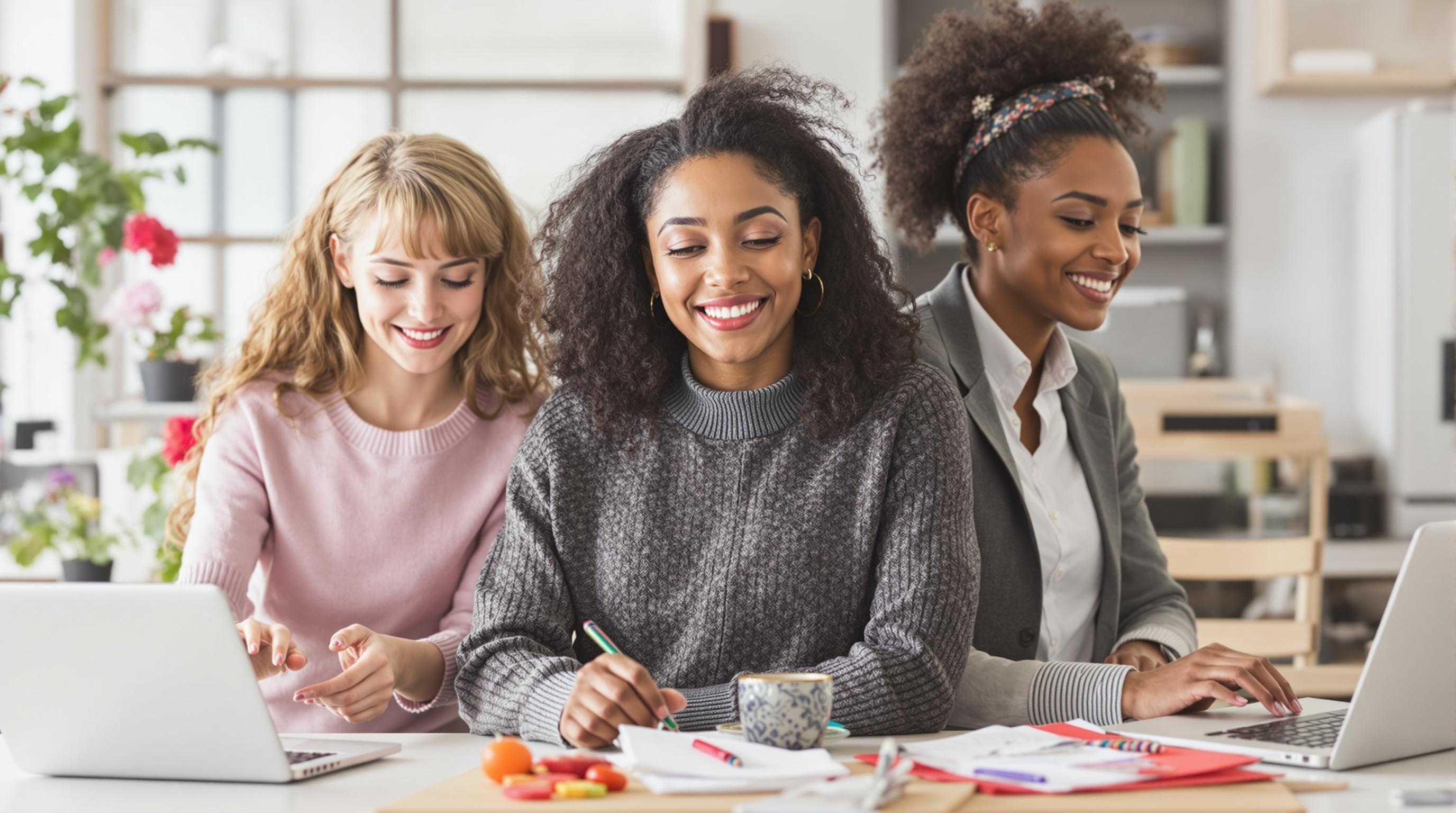 여자 세명이 집에서 재택 부업을 하는 모습