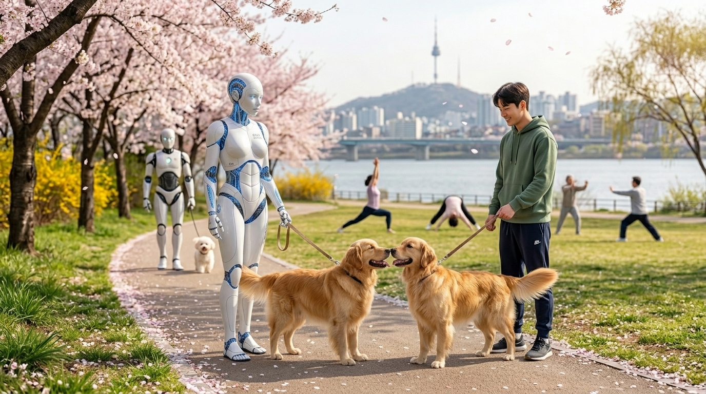 산책하다 다른 골든 리트리버를 만난 '순돌이'가 서로 인사한다.
