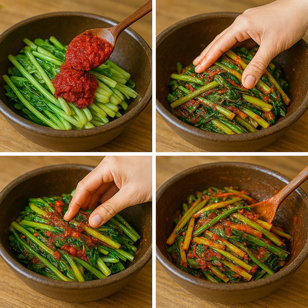 절인 열무에 양념을 넣고 골고루 버무리는 과정입니다