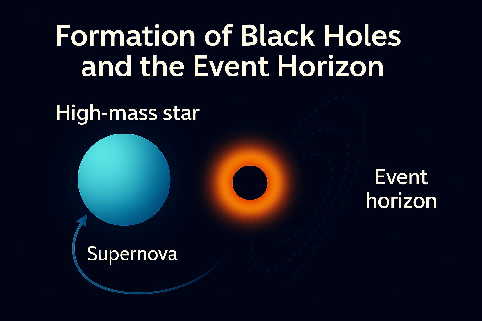 블랙홀 사건의 지평선과 강력한 중력장이 형성되는 과정을 설명하는 이미지