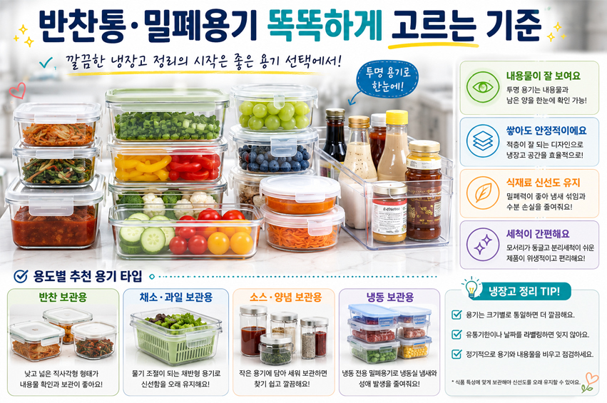 투명 반찬통과 밀폐용기를 활용해 반찬, 채소, 과일, 소스류를 깔끔하게 구분 보관하는 냉장고 정리함 선택 기준 이미지