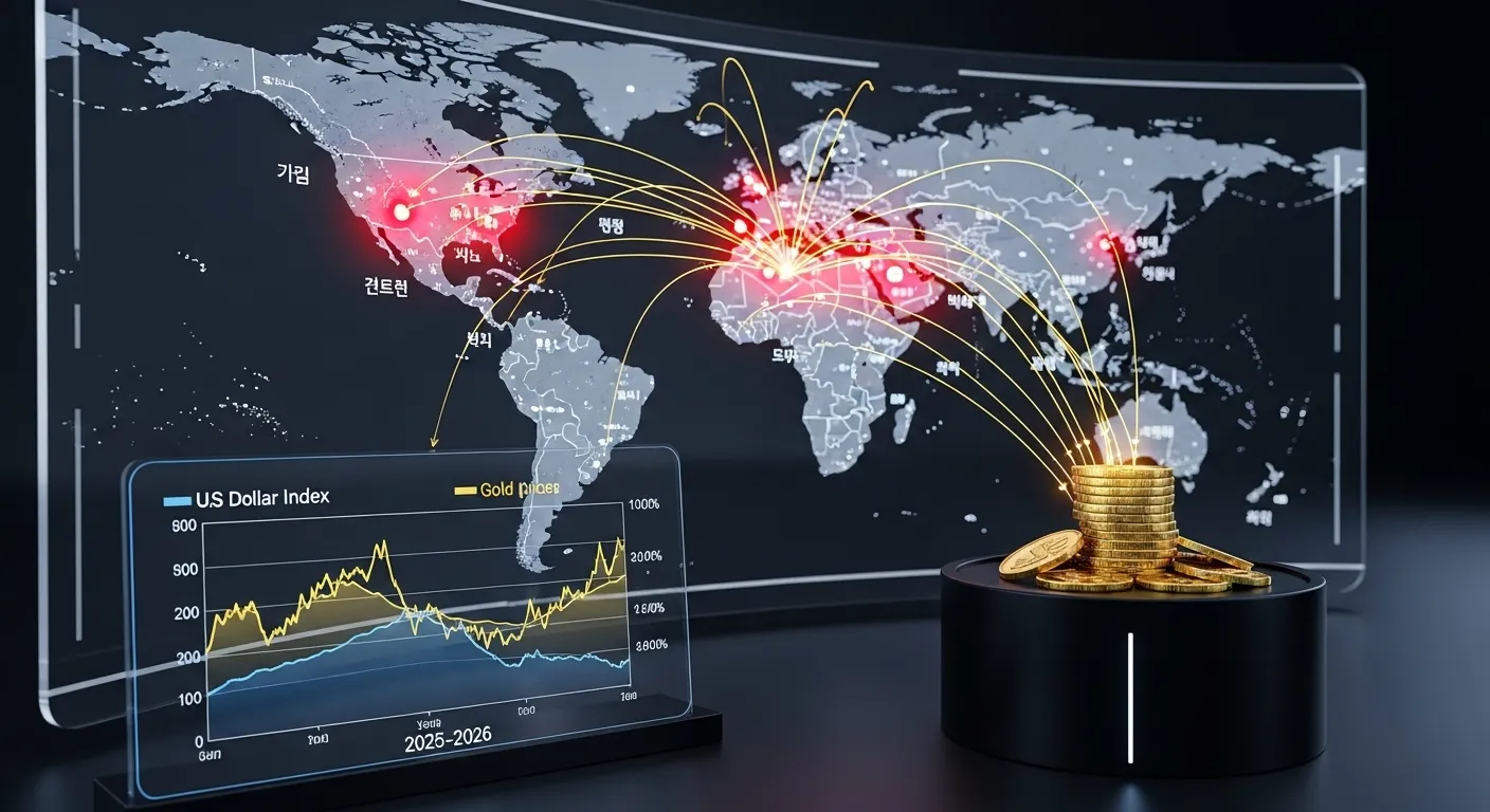 국제 정세 불안정과 달러 약세가 금값에 미치는 영향을 보여주는 세계 지도 및 차트
