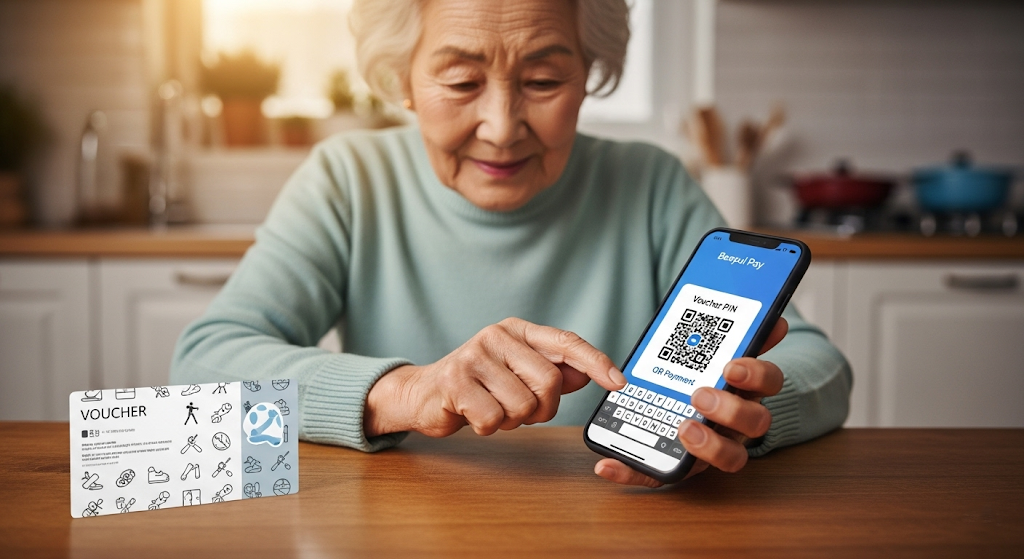 70대 초반 한국인 어르신 여성이 부엌 테이블에 앉아 스마트폰 비플페이 앱에서 바우처 핀번호를 입력하는 장면