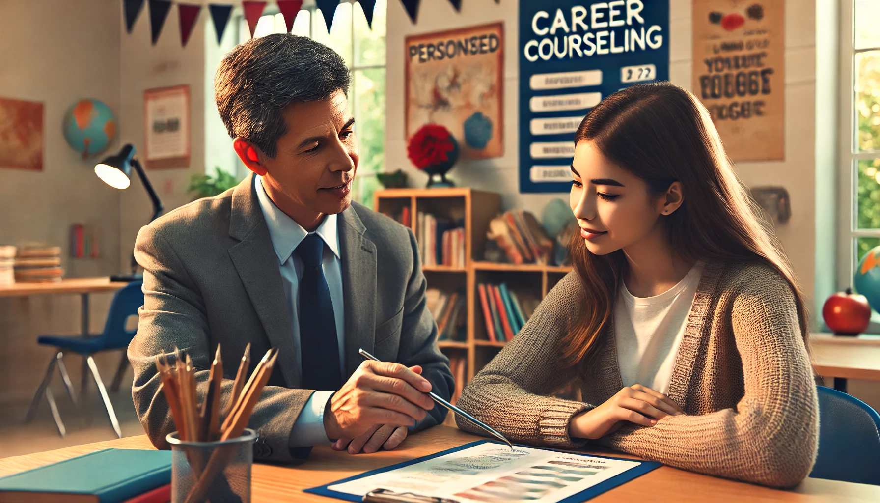 교사가 학생에게 맞춤형 진로 상담을 해주는 장면 이미지