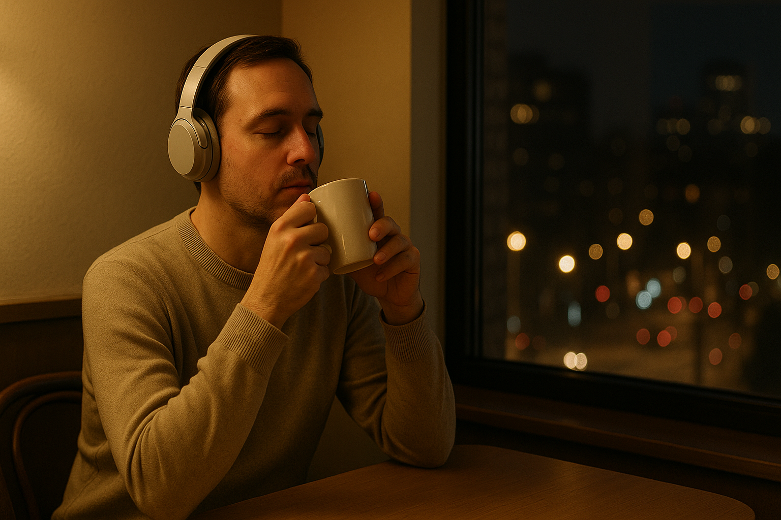 조용한 도심 속 카페 한켠, 노이즈캔슬링 헤드폰을 낀 성인(Ai생성이미지)