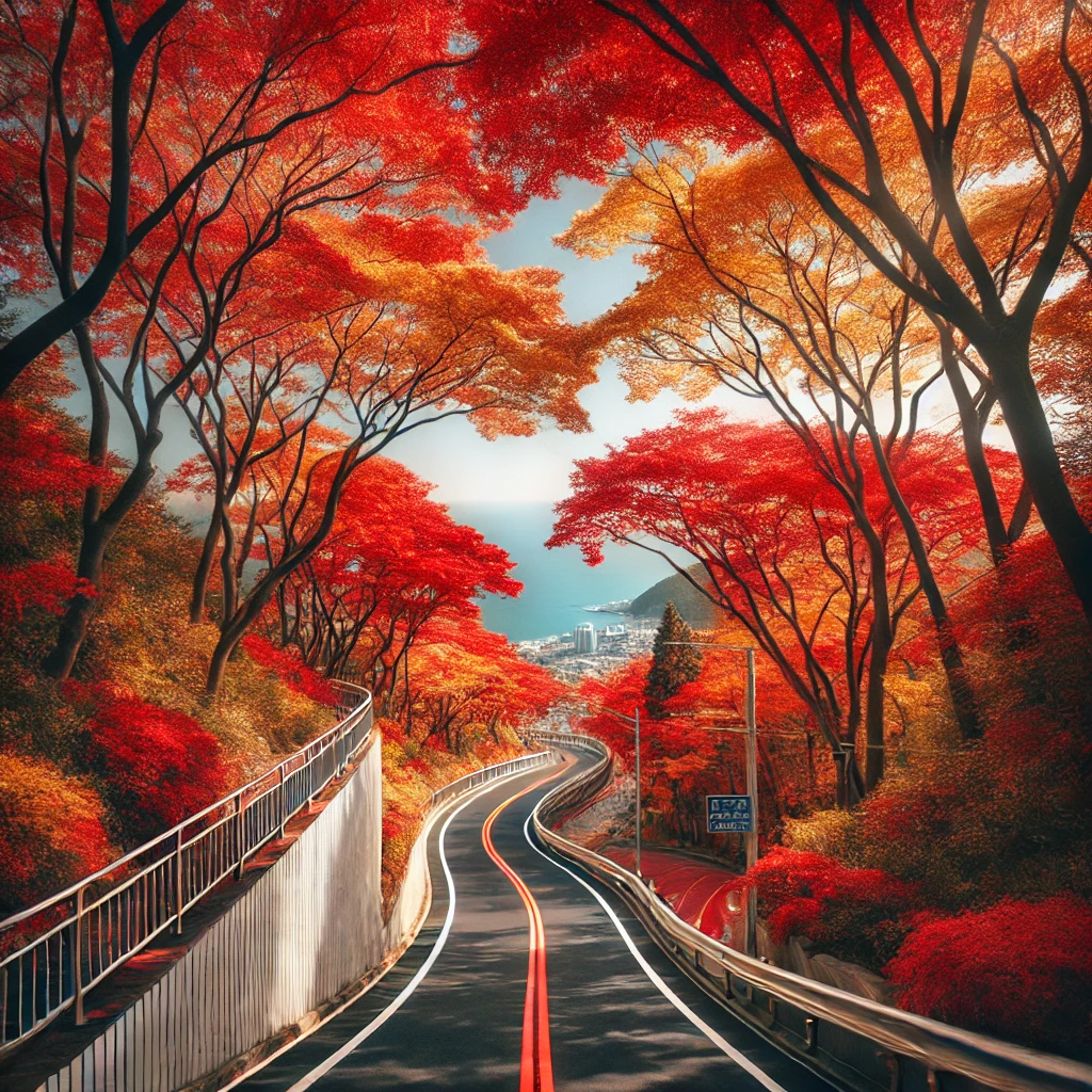 부산 달맞이길 가을 단풍과 해안 풍경이 어우러진 도로