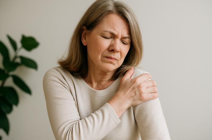 오십견으로 통증을 느끼고 있는 여자 사진