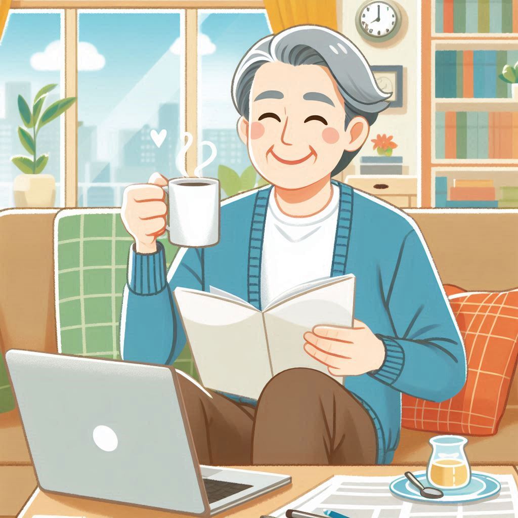 행복한 미소를 띄며 여유롭게 커피를 마시고 있는 남자 모습으로 노후 준비의 여유를 느끼게 표현한 사진